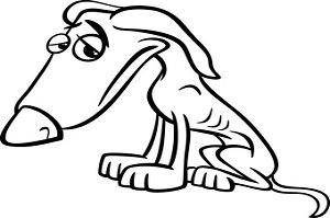 Kokzidiose beim Hund. Schwarzweiß Karikatur des armen traurigen heimatlosen Hundes